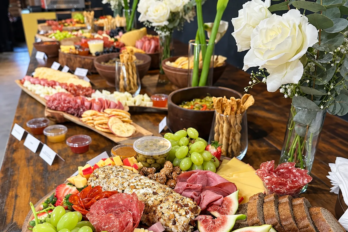 Mesa de frios montada numa mesa de madeira, com flores e tábuas enfileiradas