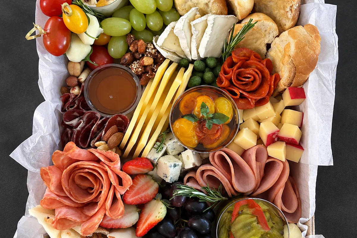 Tábua de frios tradicional com salame, queijos, uvas e focaccia