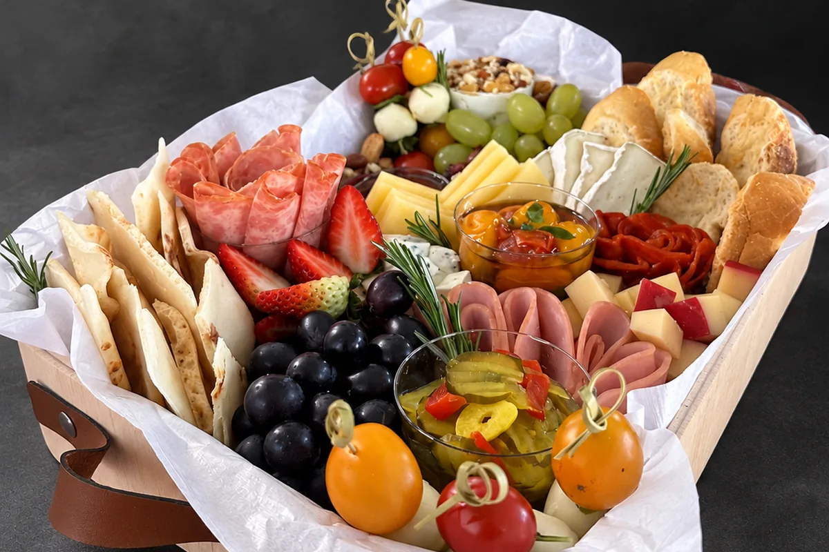 Cesta de frios com morangos, uvas, queijos e pães