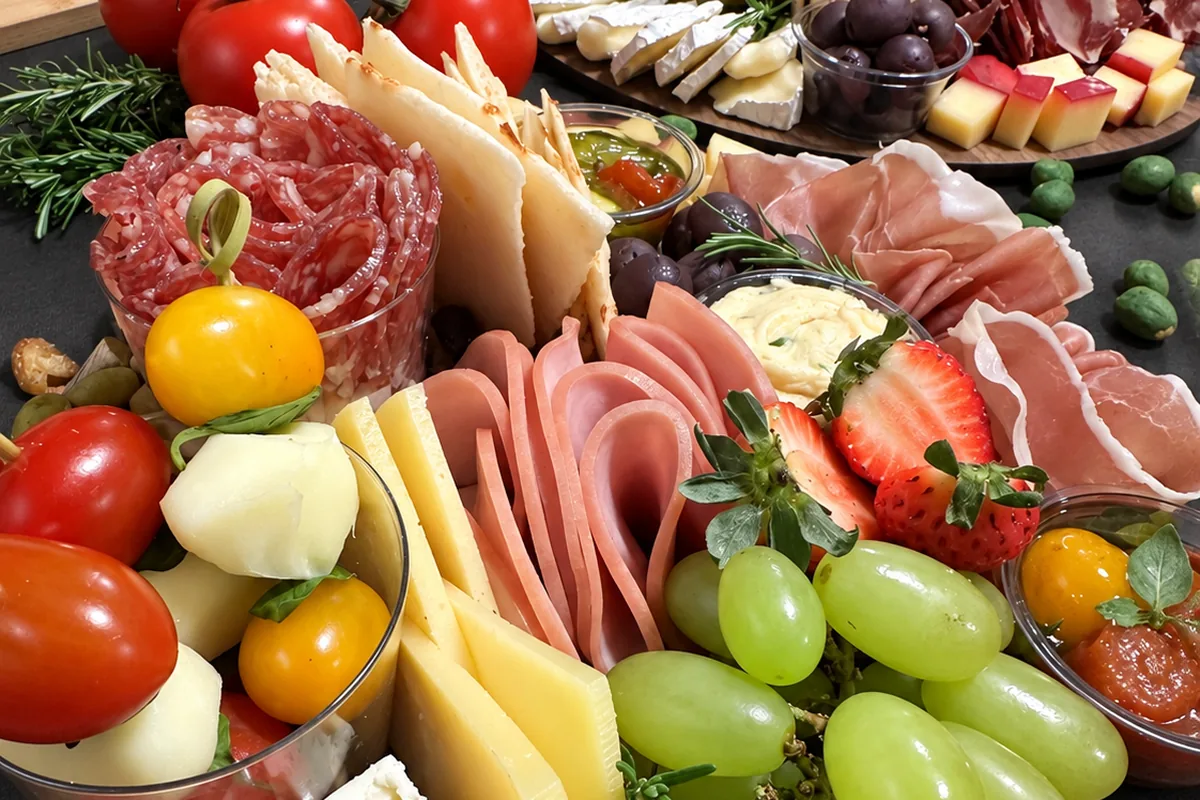 Mesa de frios de cima, com pães, queijos, uvas e embutidos